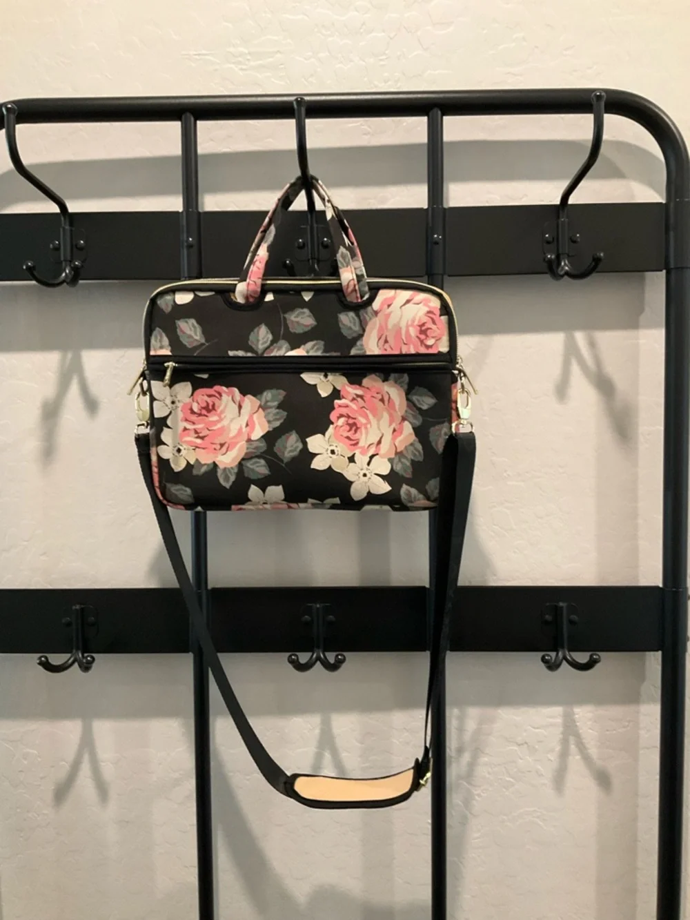 Floral Convertible Laptop Bag - Black with Pink Roses